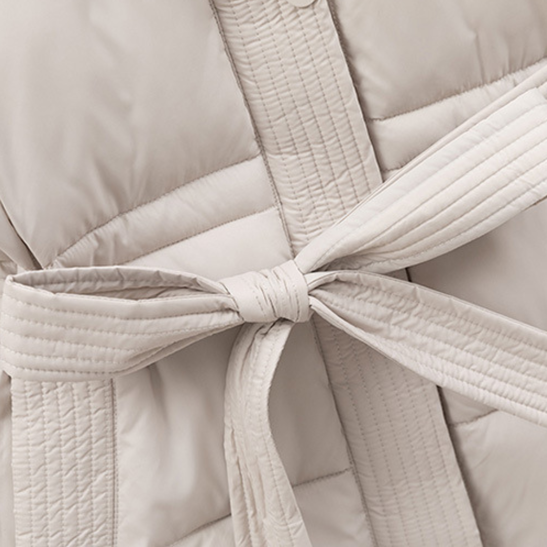 Womens Puffer Jacket with Hood and Belted Waist