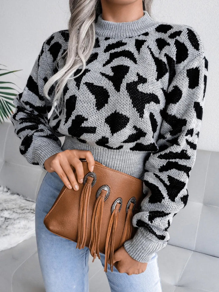 Womens Crew Neck Sweater Animal Print Relaxed Fit