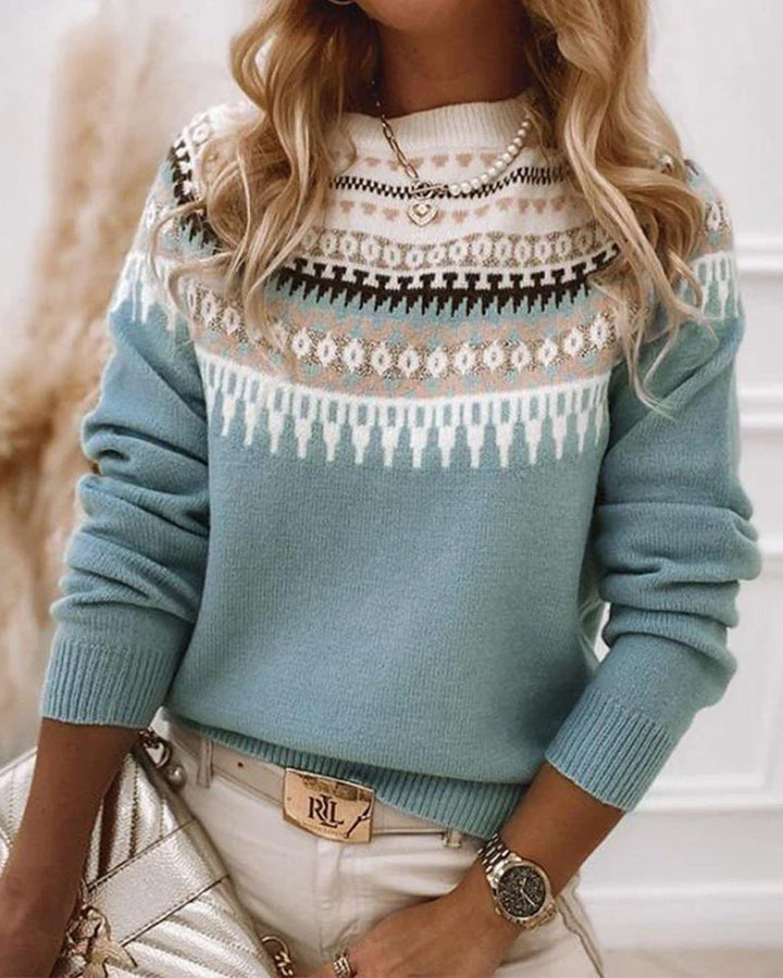 Womens Knit Sweater Fair Isle Jacquard Crew Neck Long Sleeve - BritishMode