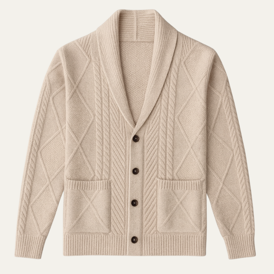 Mens Cashmere Cable Knit Cardigan Shawl Collar