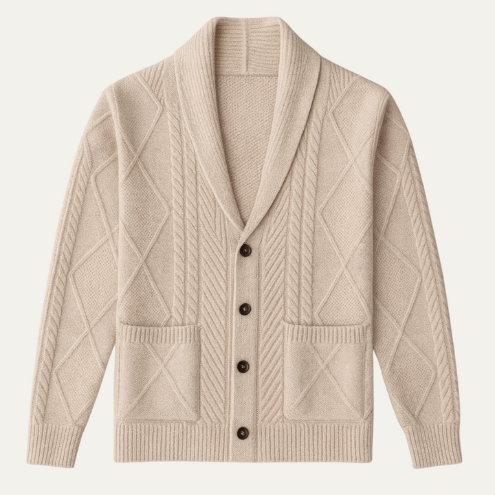 Mens Cashmere Cable Knit Cardigan Shawl Collar