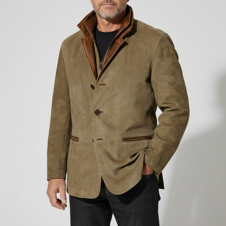 Mens Suede Jacket with Leather Trim Structured Fit Notched Lapel - BritishMode