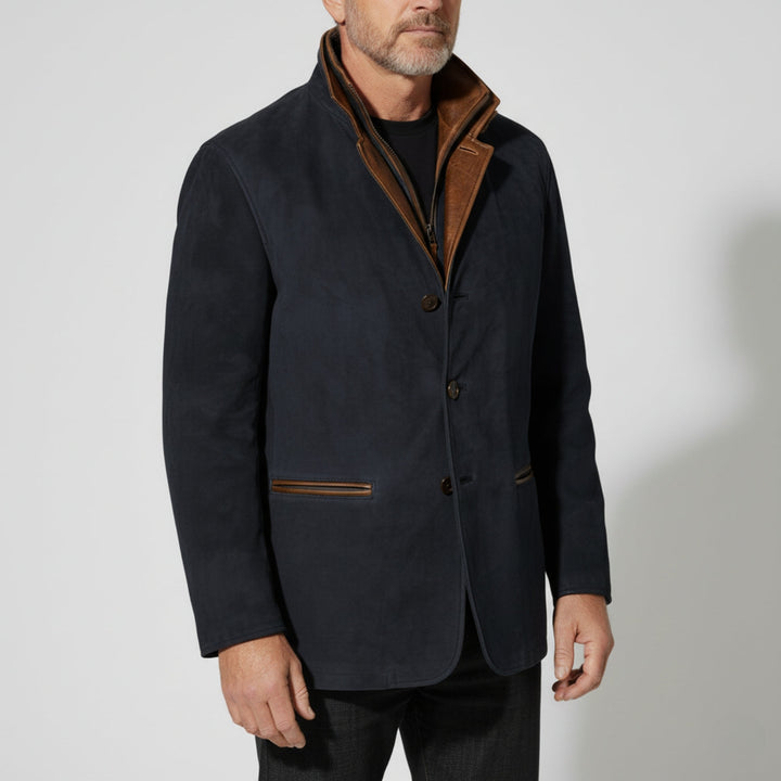 Mens Suede Jacket with Leather Trim Structured Fit Notched Lapel