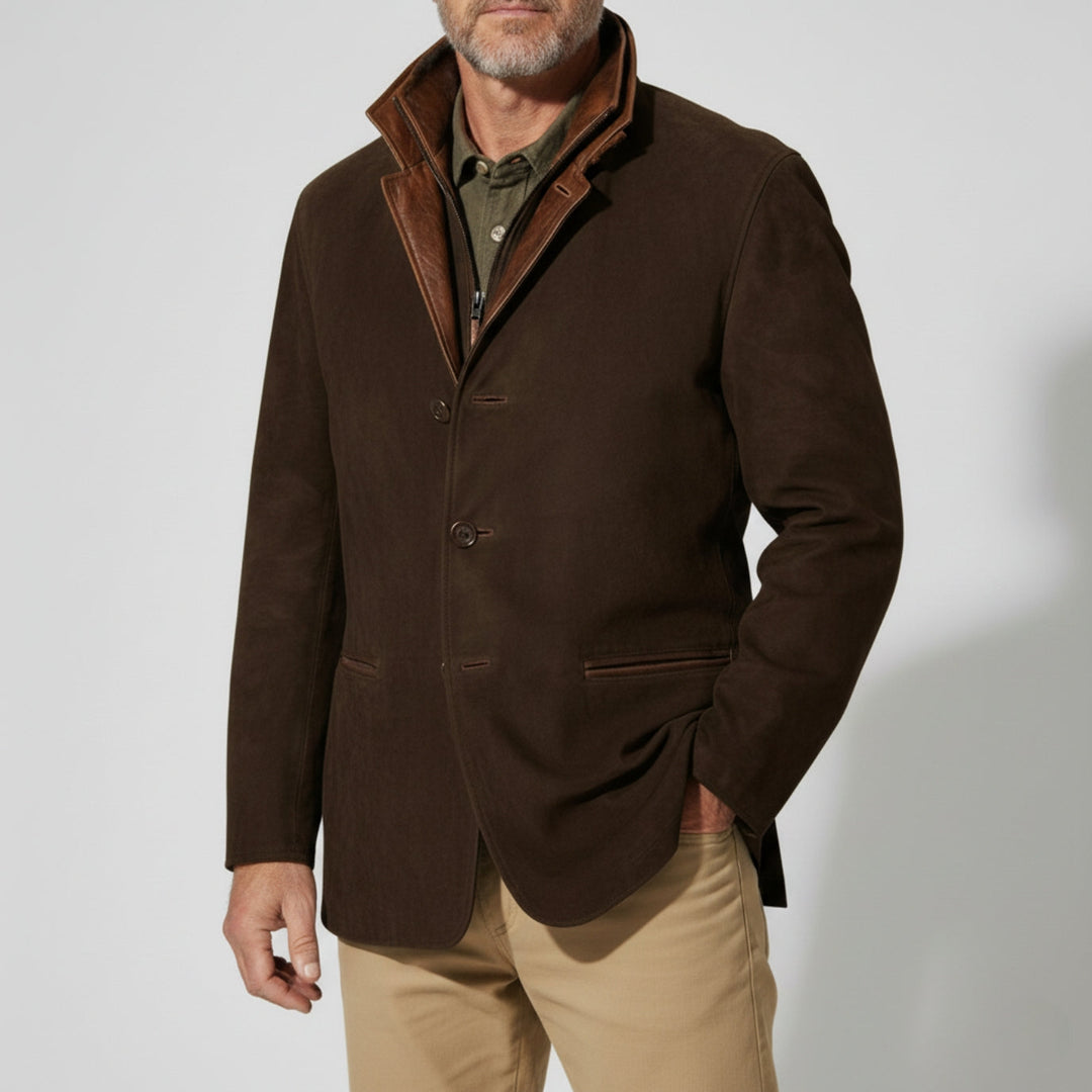 Mens Suede Jacket with Leather Trim Structured Fit Notched Lapel