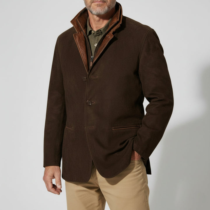 Mens Suede Jacket with Leather Trim Structured Fit Notched Lapel