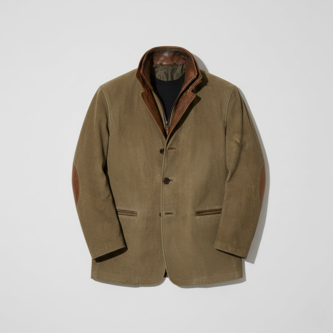 Mens Suede Jacket with Leather Trim Structured Fit Notched Lapel
