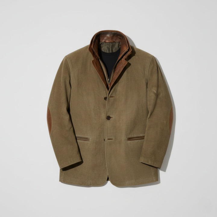Mens Suede Jacket with Leather Trim Structured Fit Notched Lapel