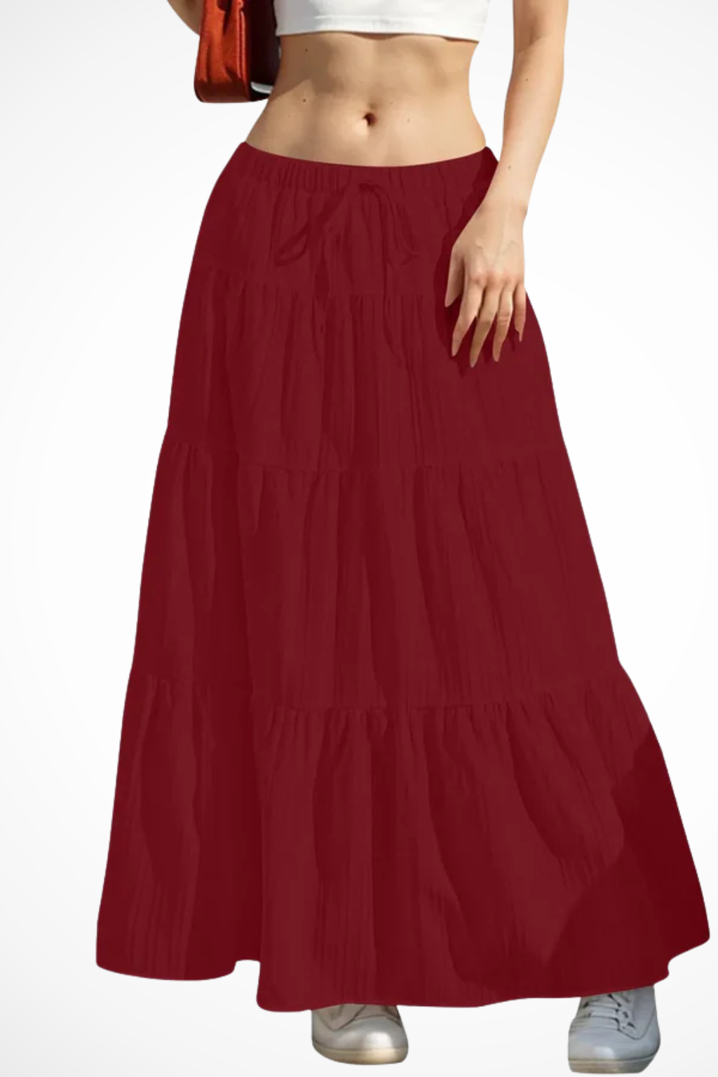 Womens Maxi Skirt Elastic Waist Drawstring Tiered Boho Style