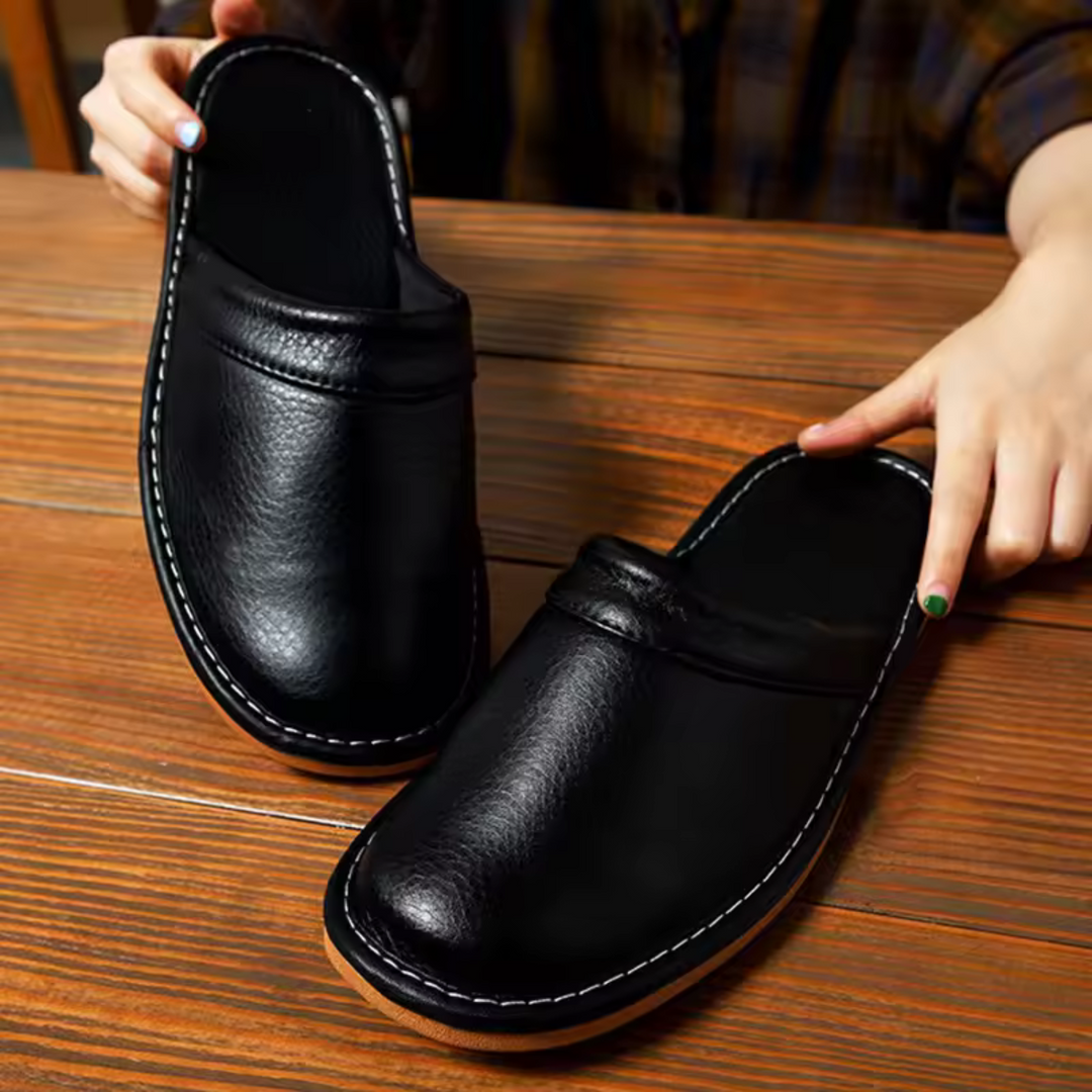 Mens Leather Mule House Shoes Slip-On Clogs - BritishMode