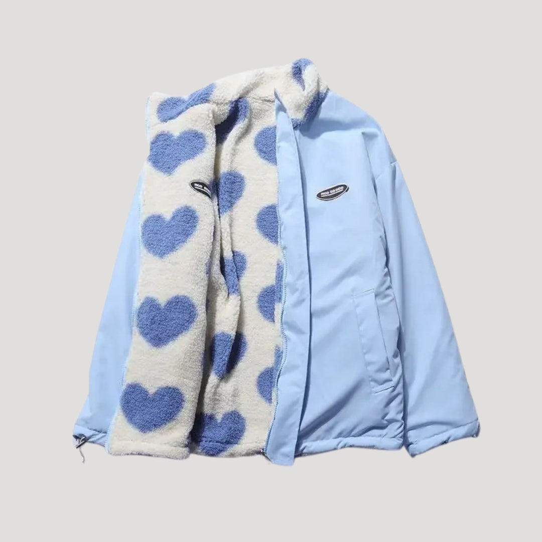 Womens Double-Sided Fleece Coat Heart Pattern - BritishMode