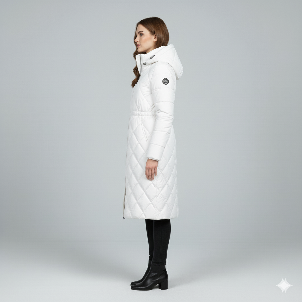 Womens Quilted Padded Jacket with Hood Knee-Length Fit