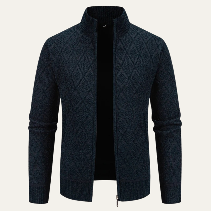 Mens Knit Zip Jacket with Diamond Pattern Stand Collar