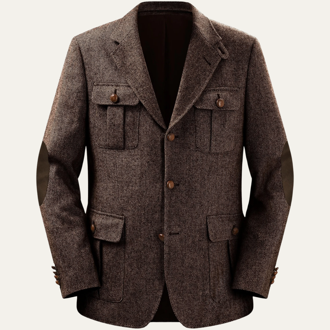 Mens Wool Blend Tweed Blazer Herringbone Pattern Classic Fit