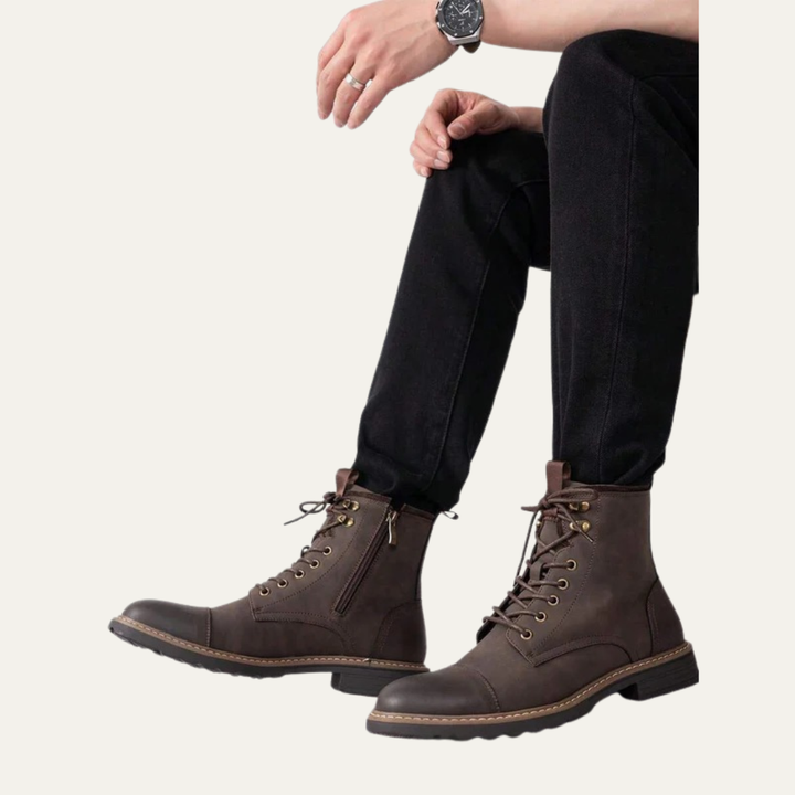 Mens Ankle Boots Leather Cap Toe Lace-Up Combat Style