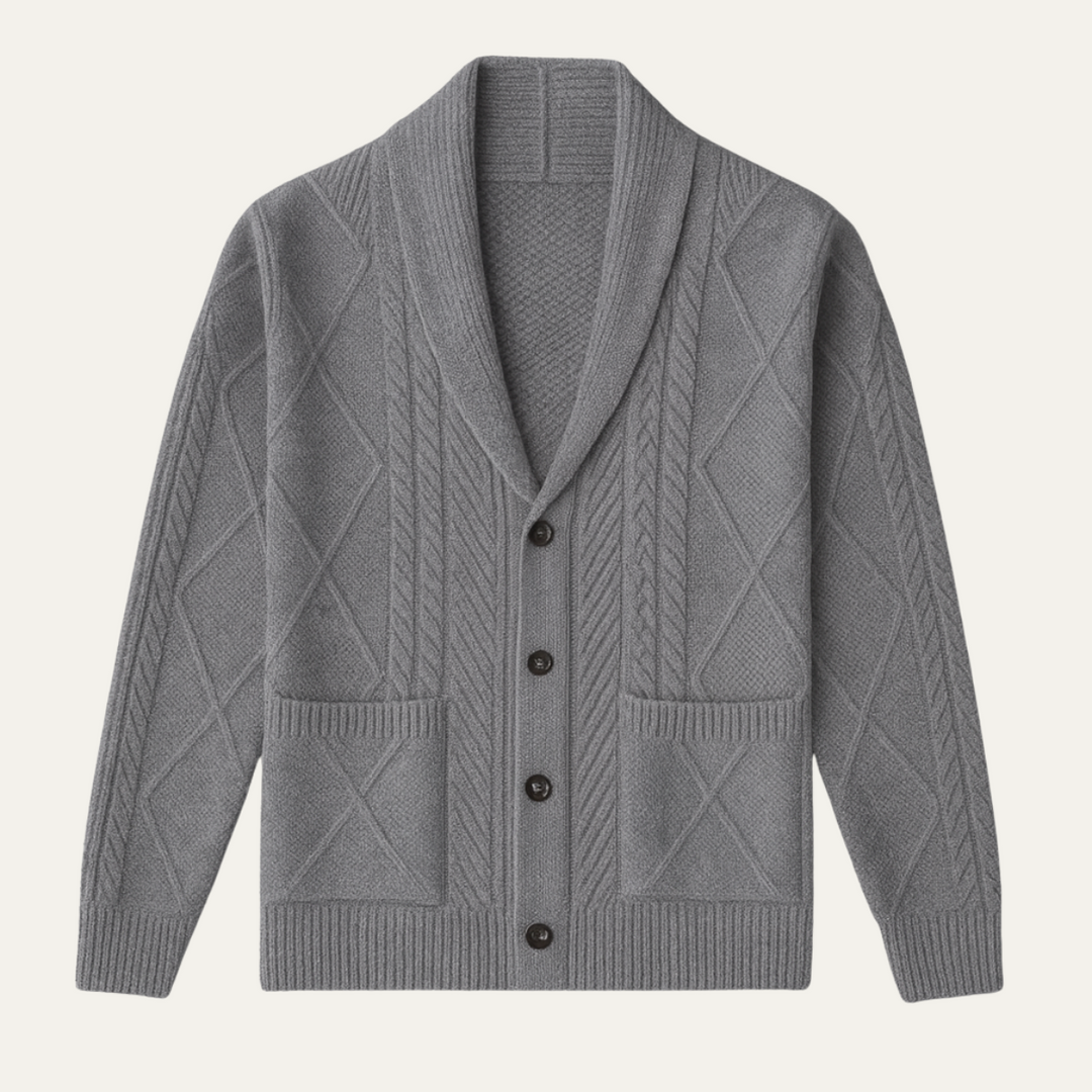 Mens Cashmere Cable Knit Cardigan Shawl Collar