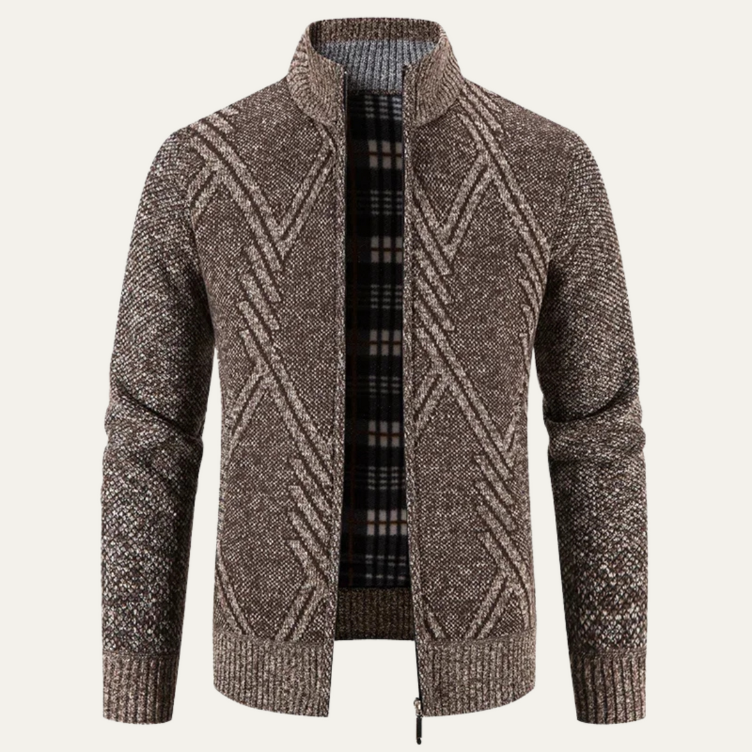 Mens Knit Cardigan Jacket Diamond Pattern Full Zip