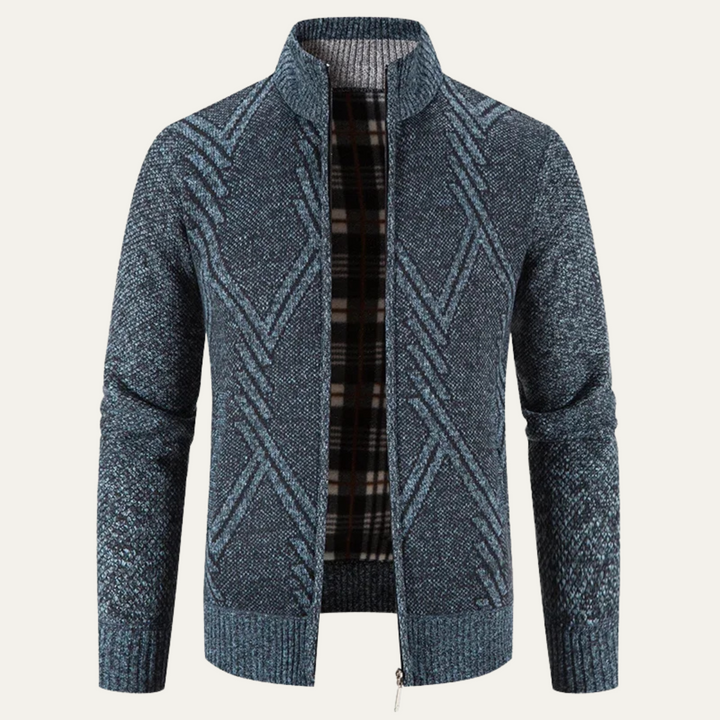 Mens Knit Cardigan Jacket Diamond Pattern Full Zip - BritishMode