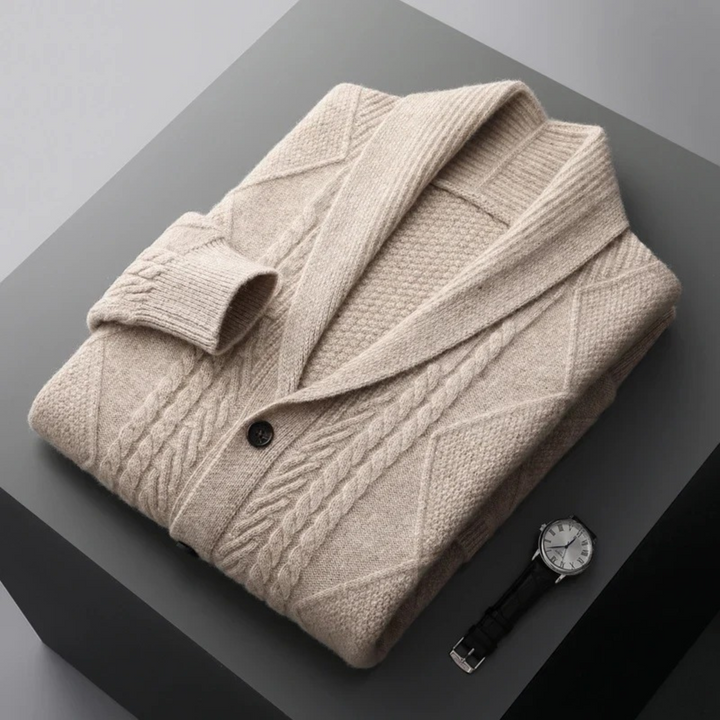 Mens Cashmere Cable Knit Cardigan Shawl Collar