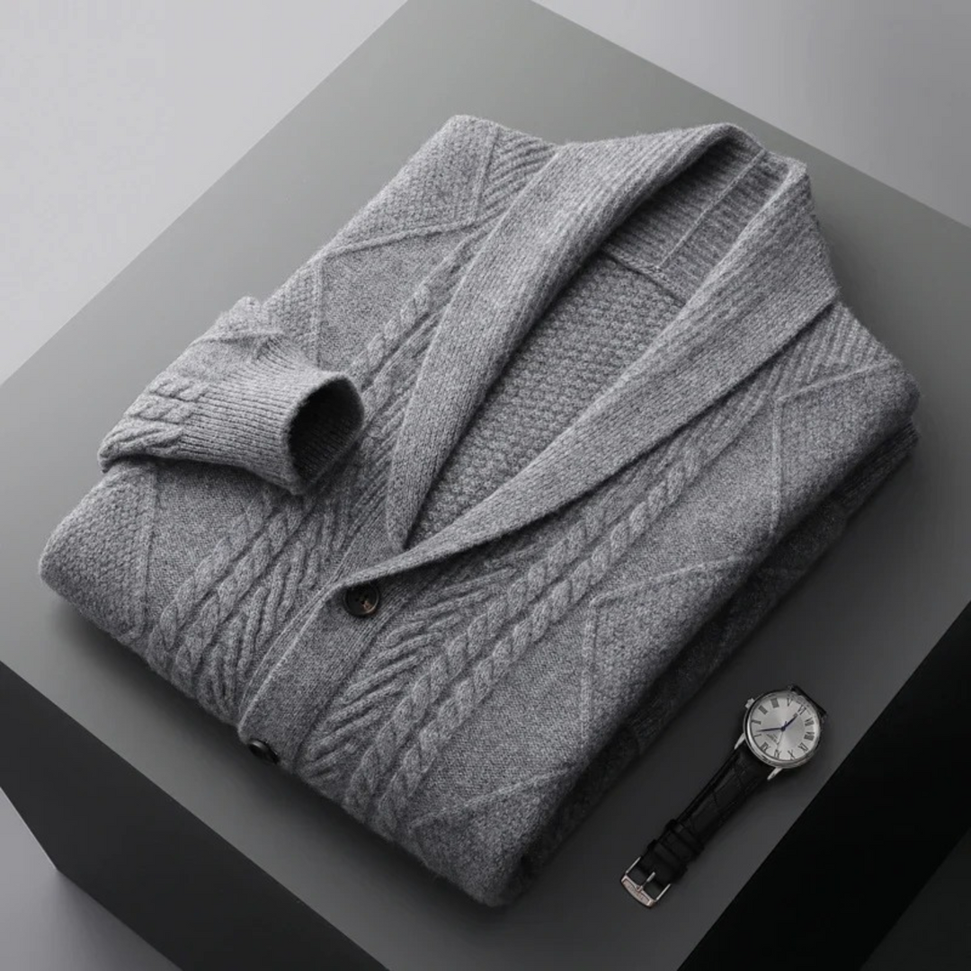 Mens Cashmere Cable Knit Cardigan Shawl Collar
