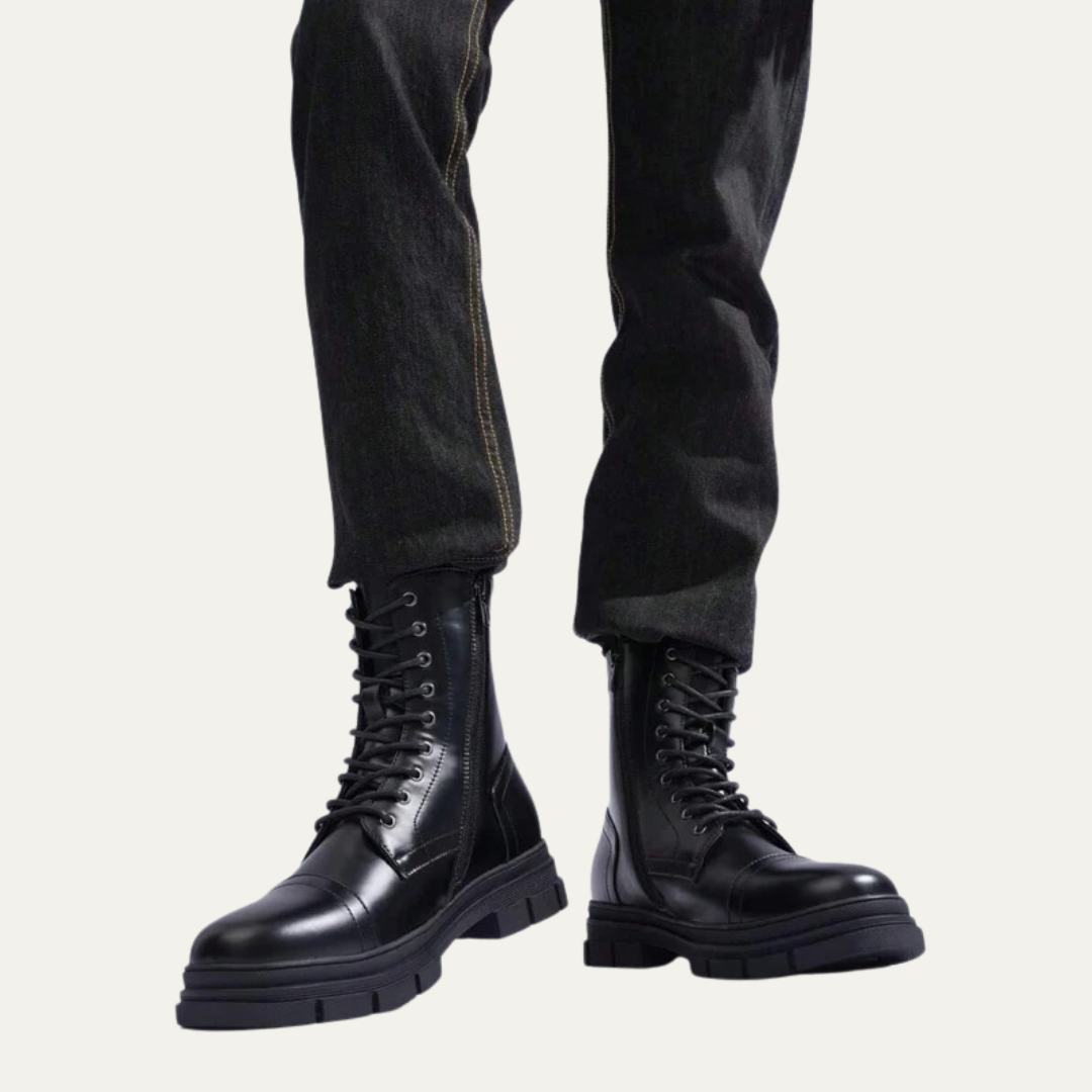 Mens Combat Boots Leather Cap Toe Side Zipper