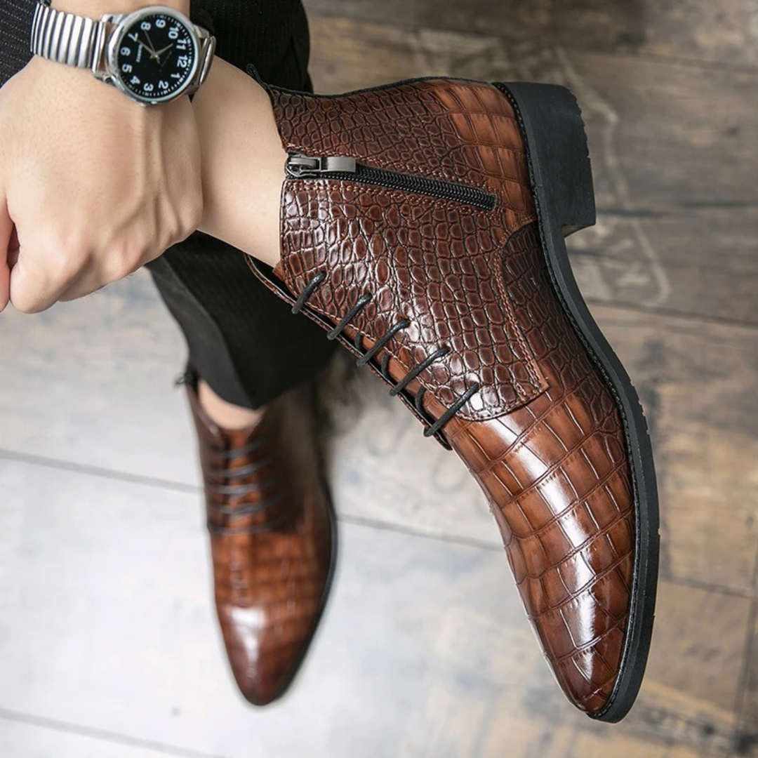 Mens Leather Ankle Boots Crocodile Pattern Classic Fit