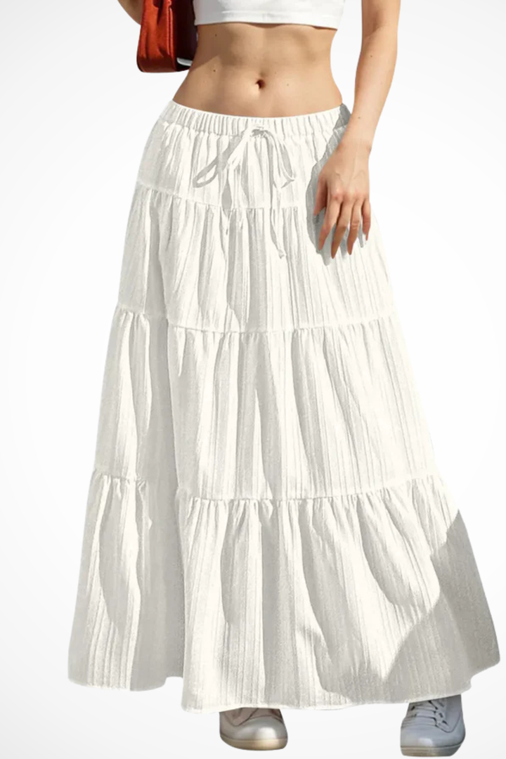 Womens Maxi Skirt Elastic Waist Drawstring Tiered Boho Style