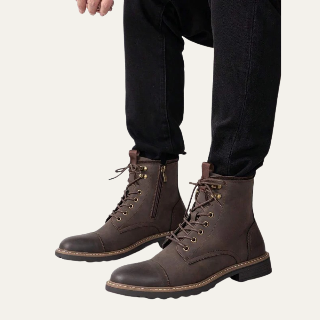 Mens Ankle Boots Leather Cap Toe Lace-Up Combat Style