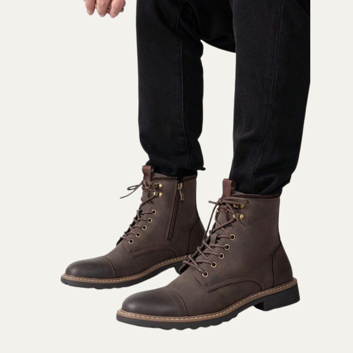 Mens Ankle Boots Leather Cap Toe Lace-Up Combat Style