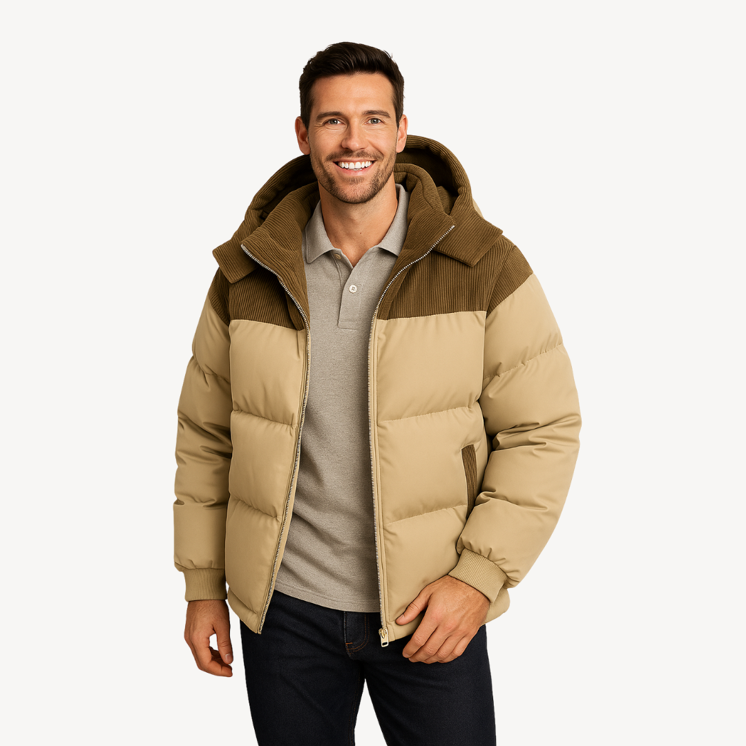 Mens Puffer Jacket Corduroy Hooded Casual Fit - BritishMode