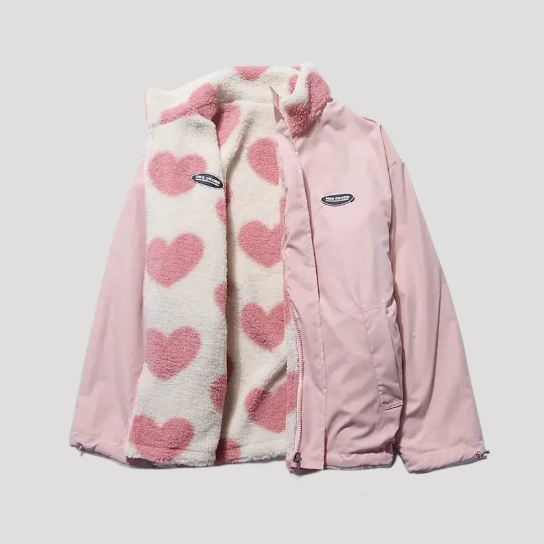 Womens Double-Sided Fleece Coat Heart Pattern
