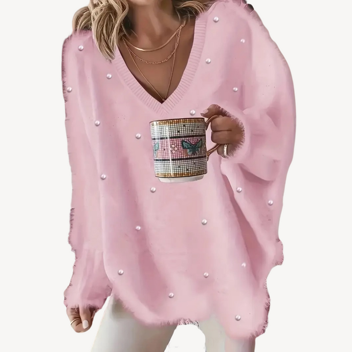 Womens V-Neck Sweater with Pearl Detail