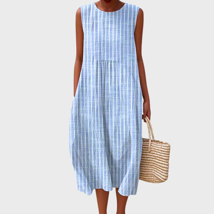 Womens Midi Dress Sleeveless Smocked Waist