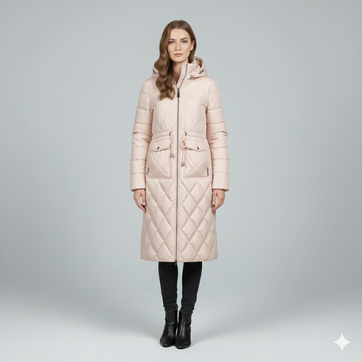 Womens Quilted Padded Jacket with Hood Knee-Length Fit