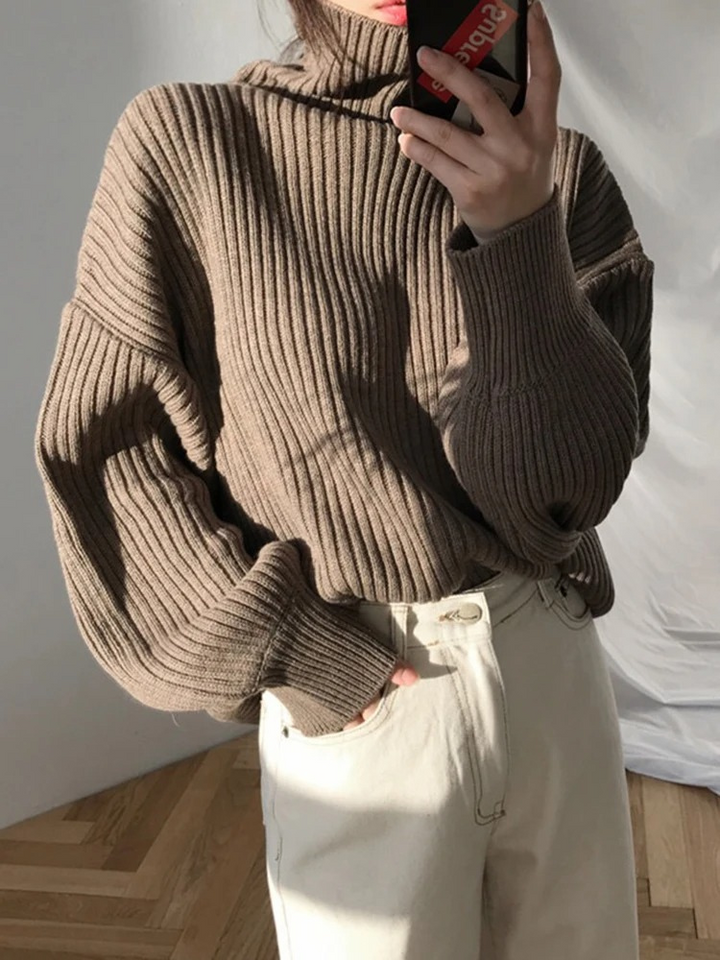 Womens Chunky Knit Sweater with Turtleneck Warm