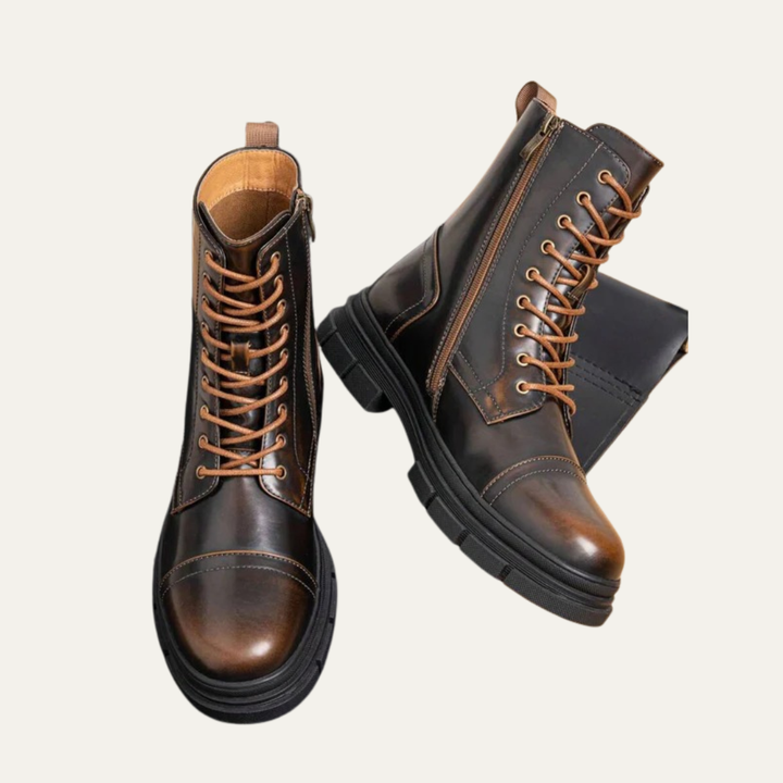 Mens Combat Boots Leather Cap Toe Side Zipper