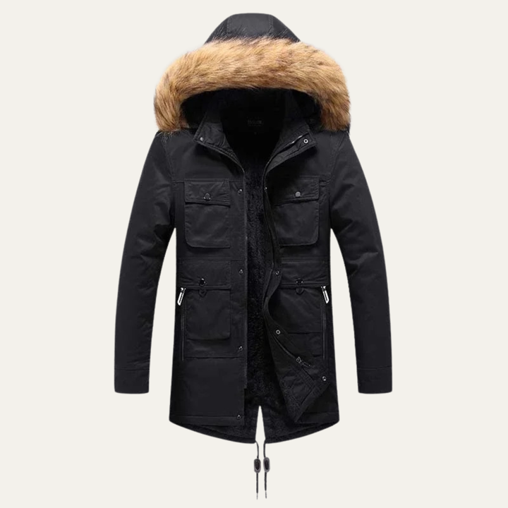 Mens Hooded Winter Parka Coat with Warm Insulation and Fur Trim