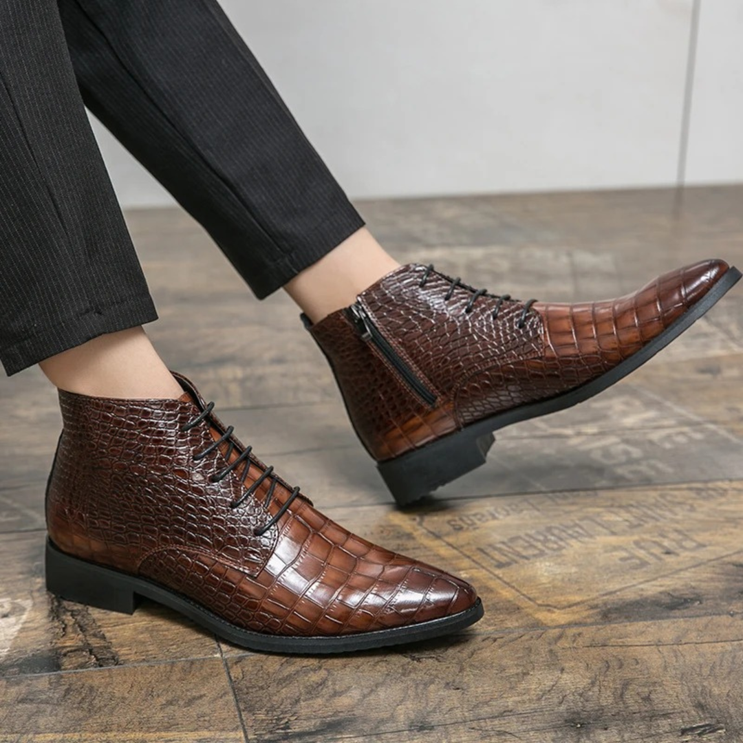Mens Leather Ankle Boots Crocodile Pattern Classic Fit