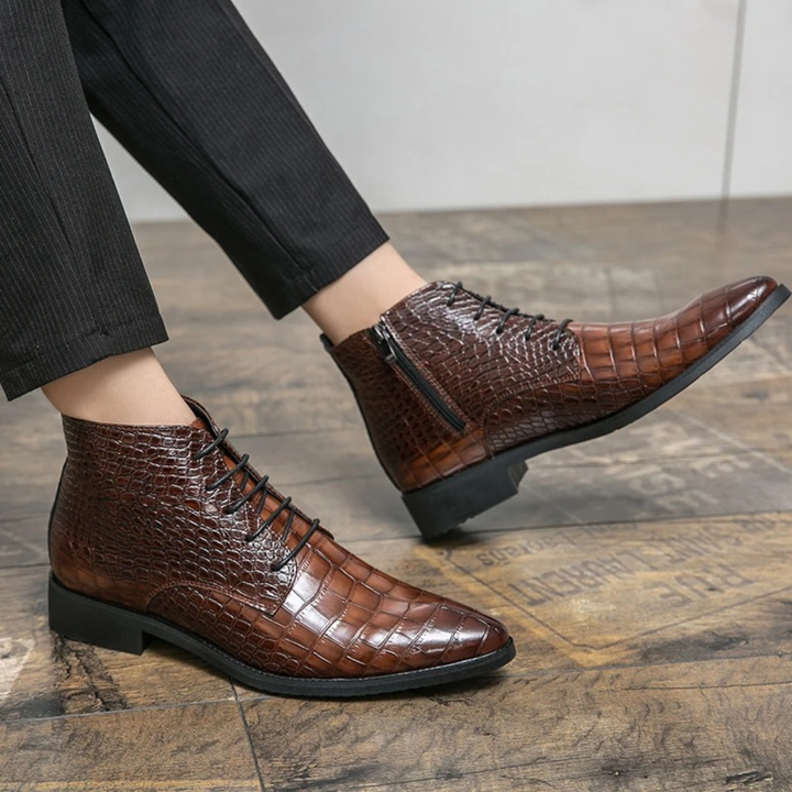 Mens Leather Ankle Boots Crocodile Pattern Classic Fit