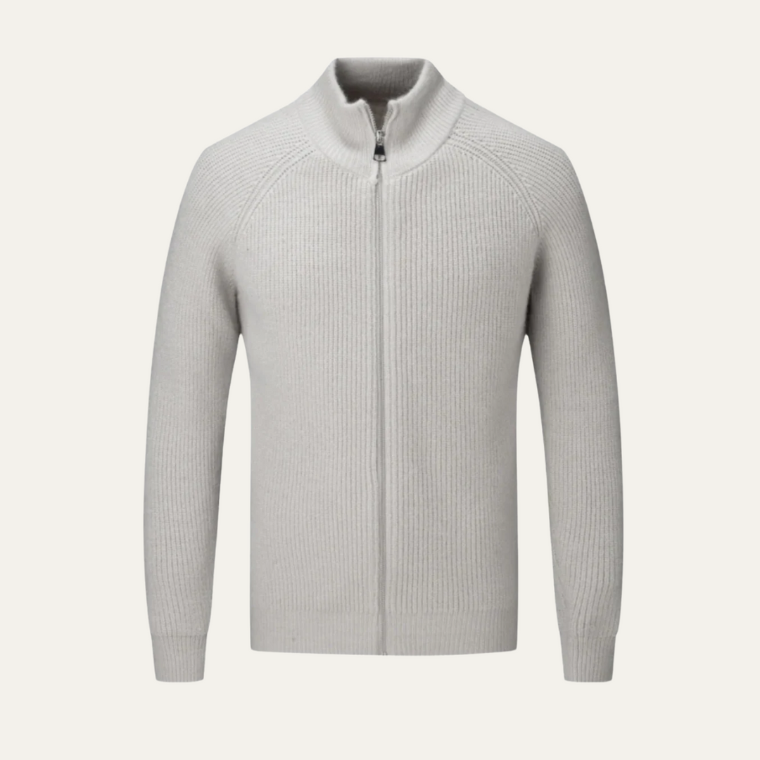 Mens Knit Cardigan Ribbed Full Zip Stand Collar - BritishMode