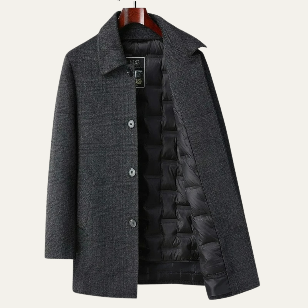 Mens Wool Blend Overcoat with Quilted Lining Plaid Pattern