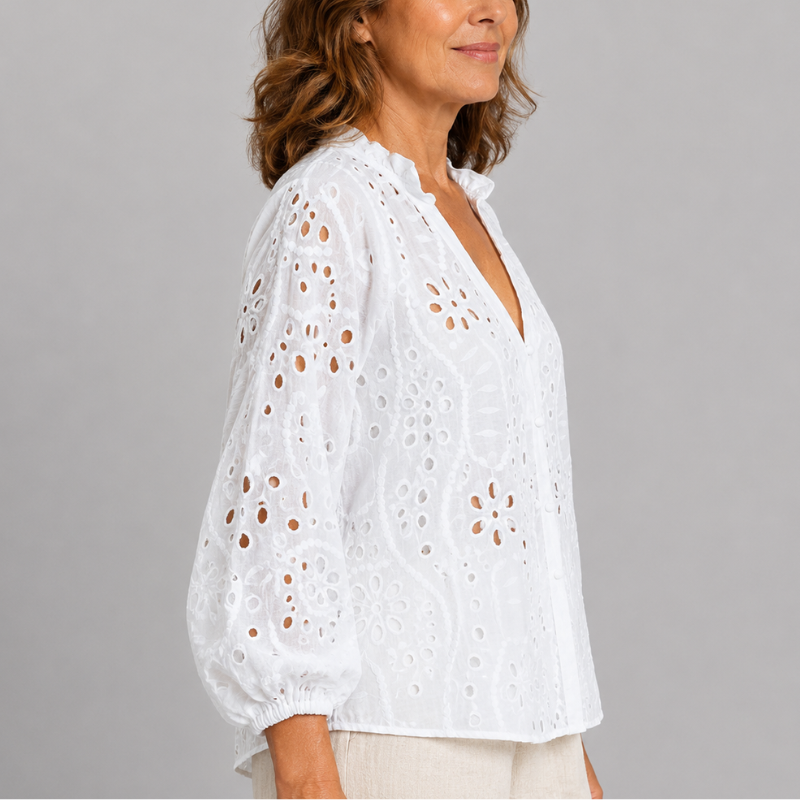 Womens Broderie Anglaise Blouse V-Neck Balloon Sleeve