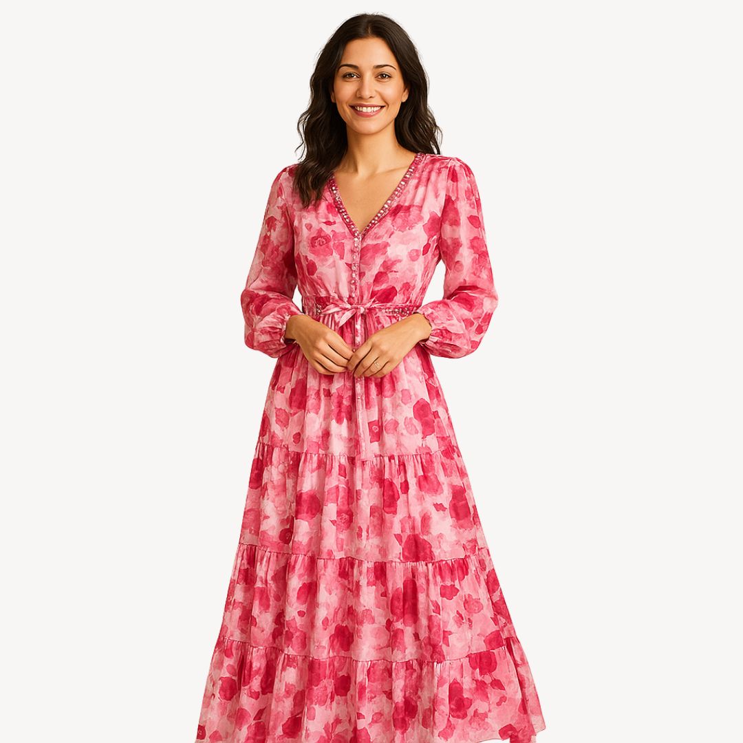Womens Maxi Dress Floral Pattern Long Sleeve - BritishMode