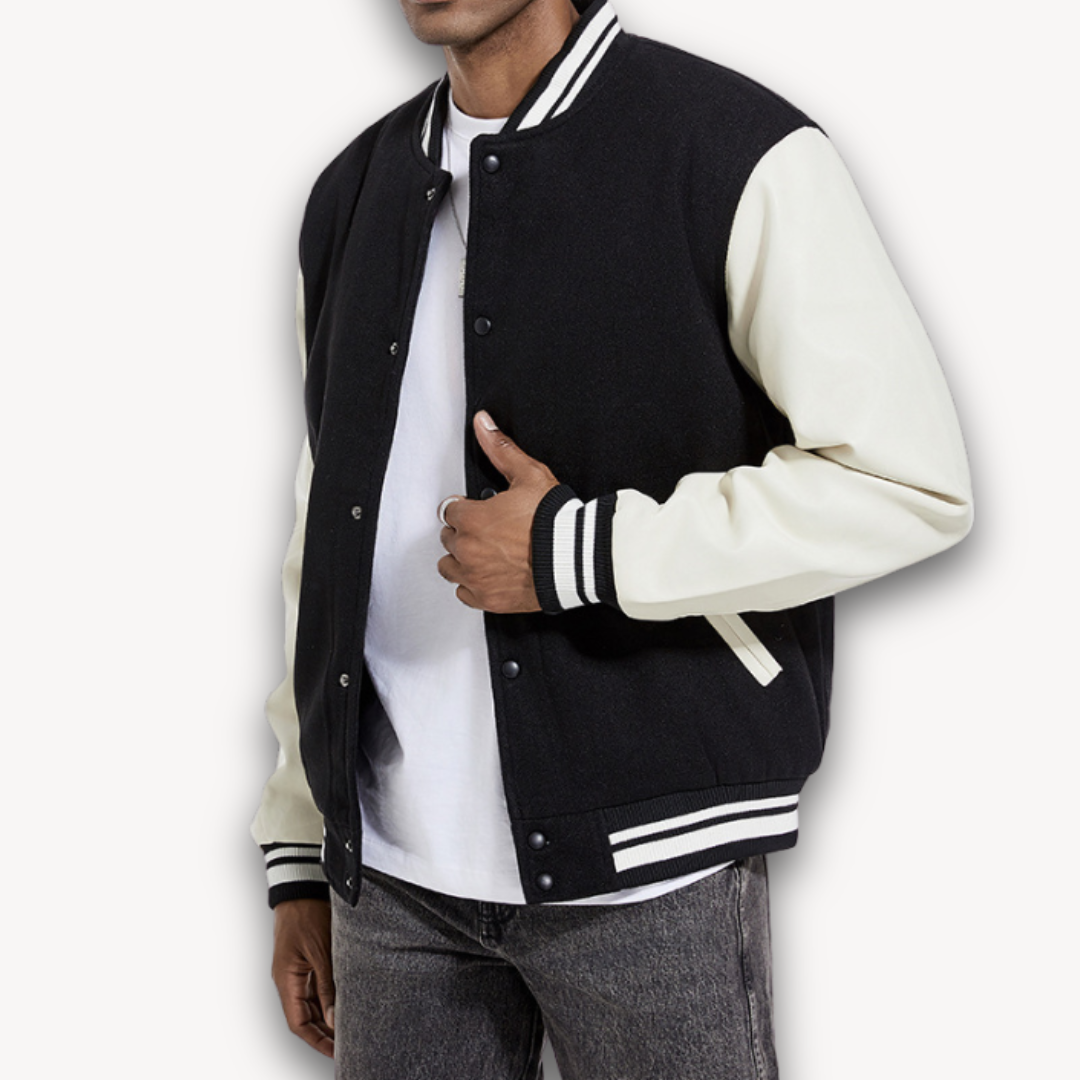 Mens Varsity Jacket Wool Blend with Faux Leather Sleeves Classic Fit - BritishMode