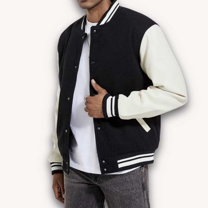 Mens Varsity Jacket Wool Blend with Faux Leather Sleeves Classic Fit - BritishMode