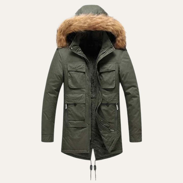Mens Hooded Winter Parka Coat with Warm Insulation and Fur Trim