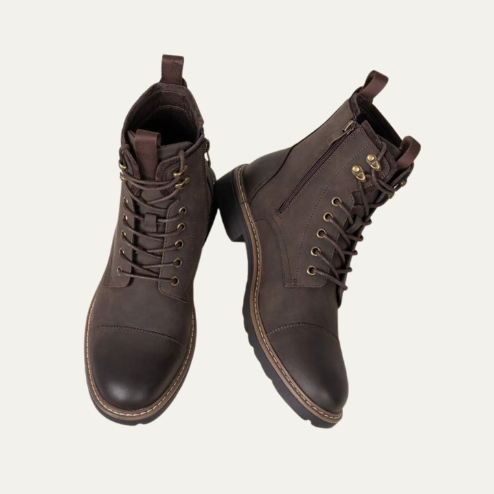 Mens Ankle Boots Leather Cap Toe Lace-Up Combat Style