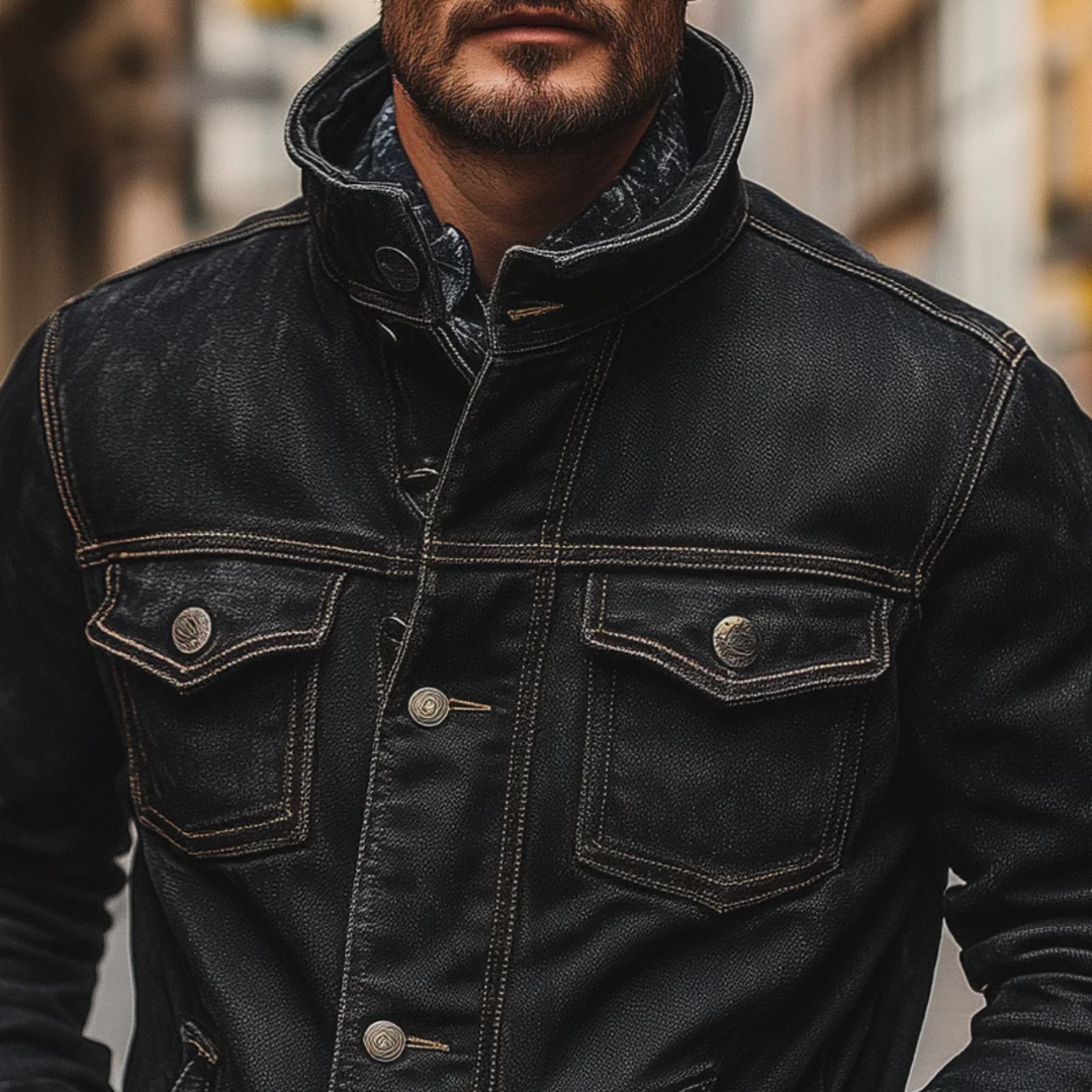 Mens Denim Jacket Vintage Washed Multi-Pocket Trucker Style