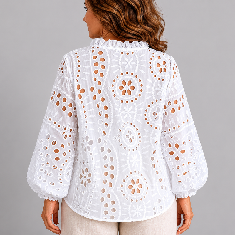 Womens Broderie Anglaise Blouse V-Neck Balloon Sleeve