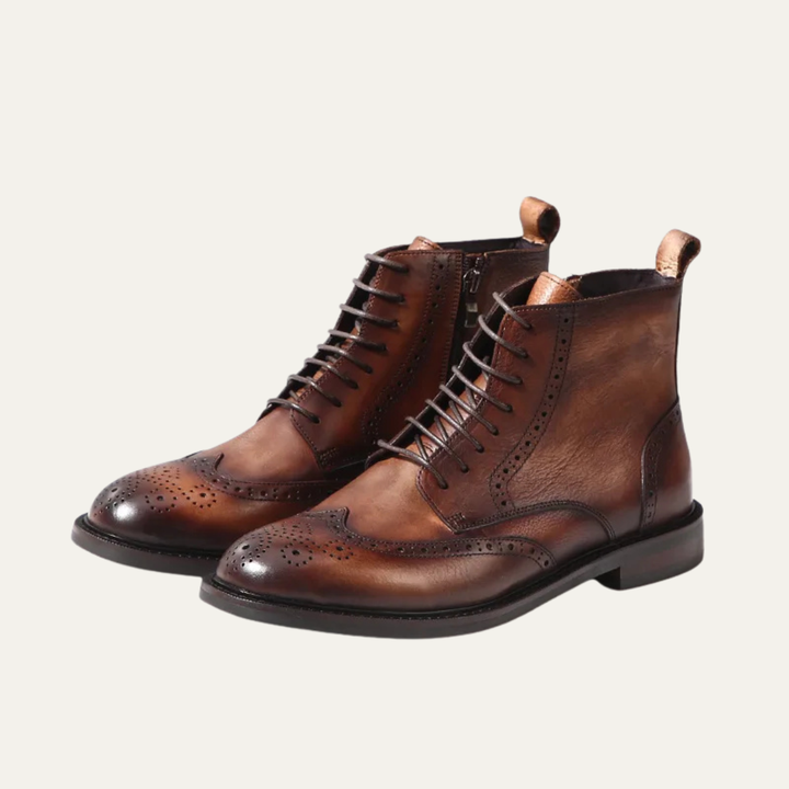 Mens Leather Brogue Dress Boots Lace-Up Style