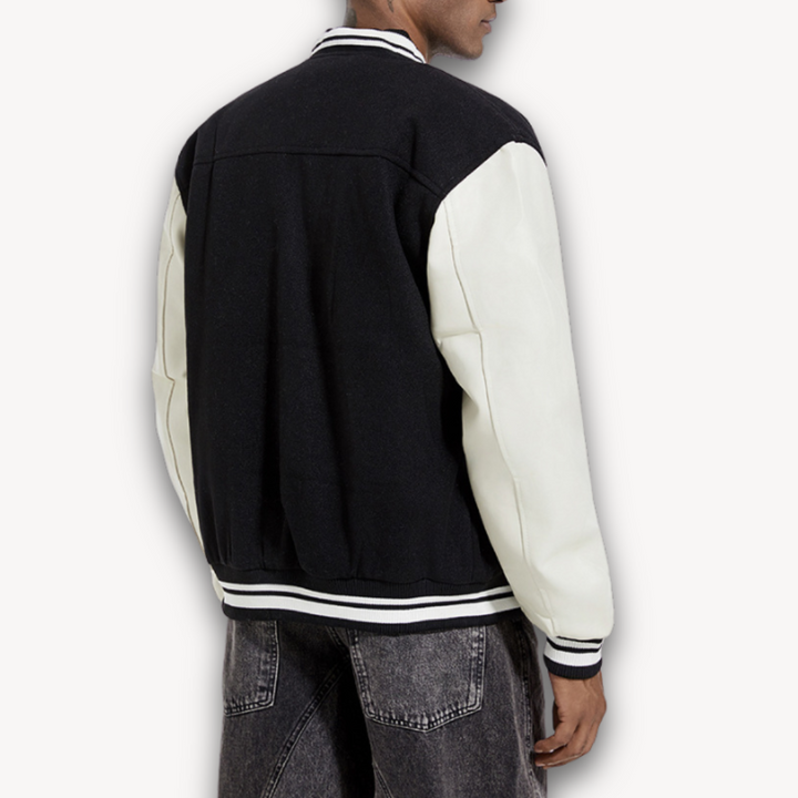 Mens Varsity Jacket Wool Blend with Faux Leather Sleeves Classic Fit